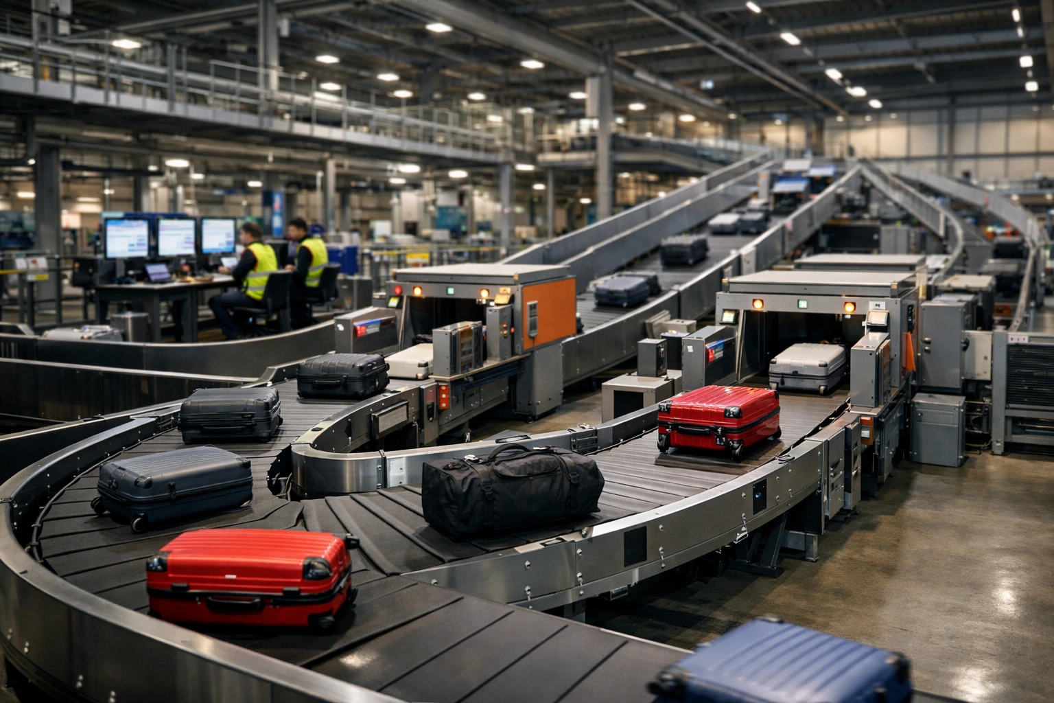 Airport baggage handling system with automated conveyors and sorting machines