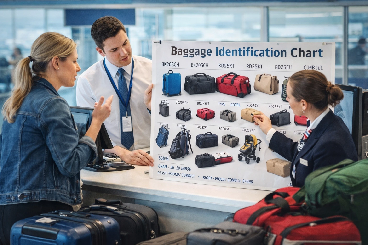 Airport lost and found counter where staff use baggage identification chart to match luggage descriptions