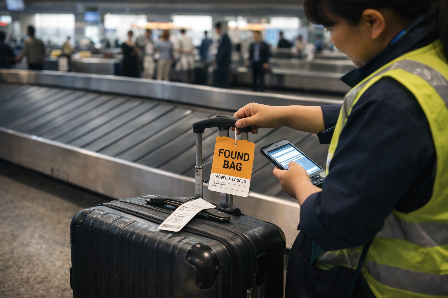 Ground staff identifying and tagging found baggage at airport baggage claim