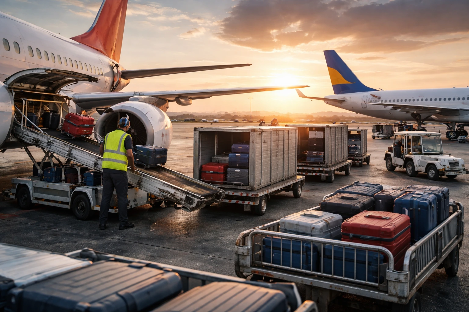 Airport tarmac showing baggage transfer between two aircraft during connection