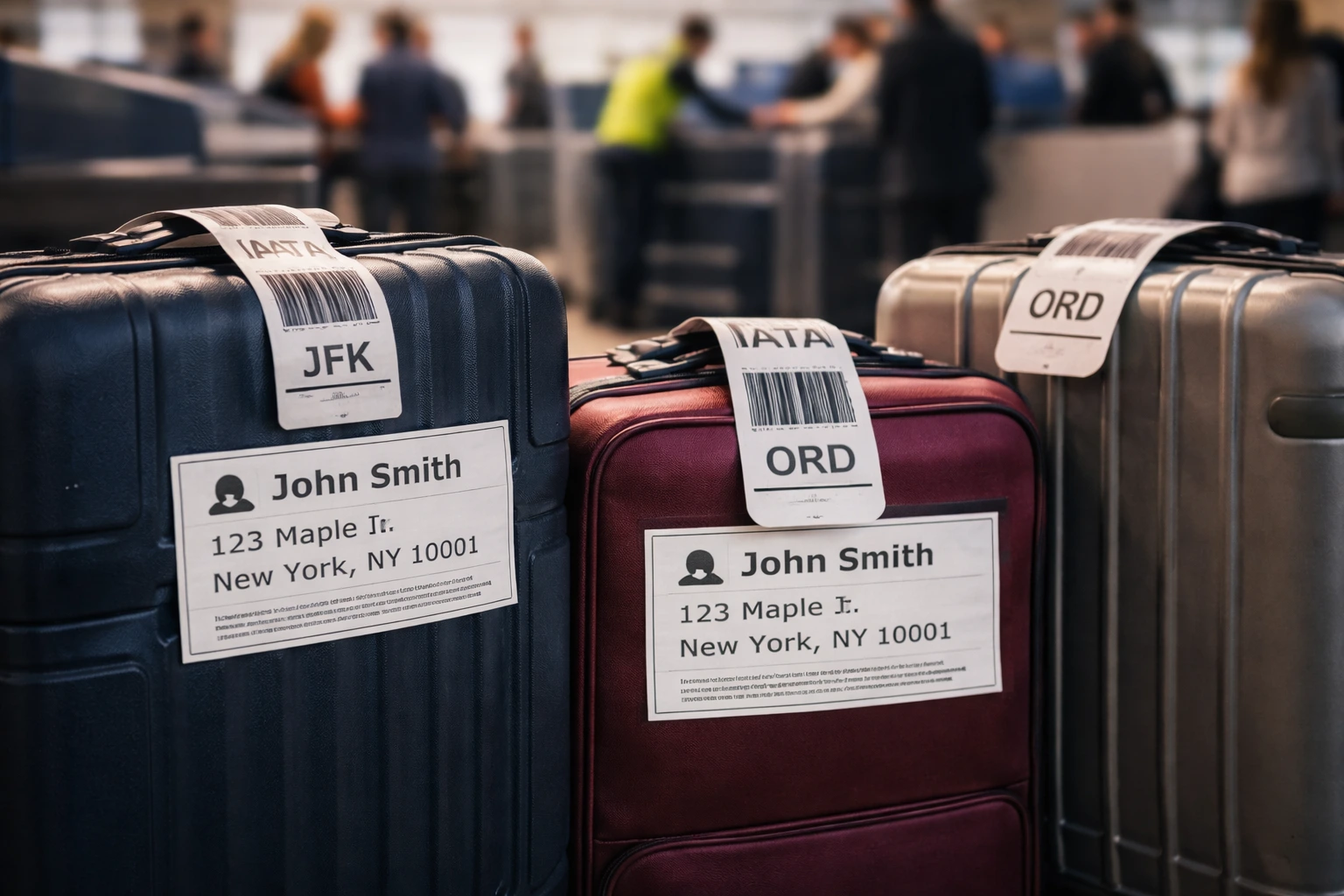 Airport baggage at check-in with visible passenger name and address labels attached beneath standard baggage tags