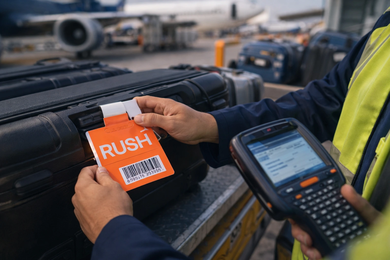 Ground staff attaching RUSH baggage tag to delayed suitcase on airport ramp