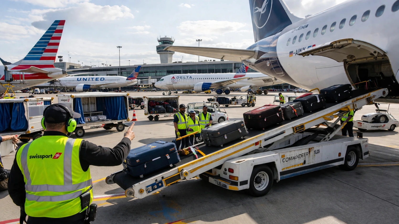 Airport ramp coordination with ground staff transferring baggage between aircraft