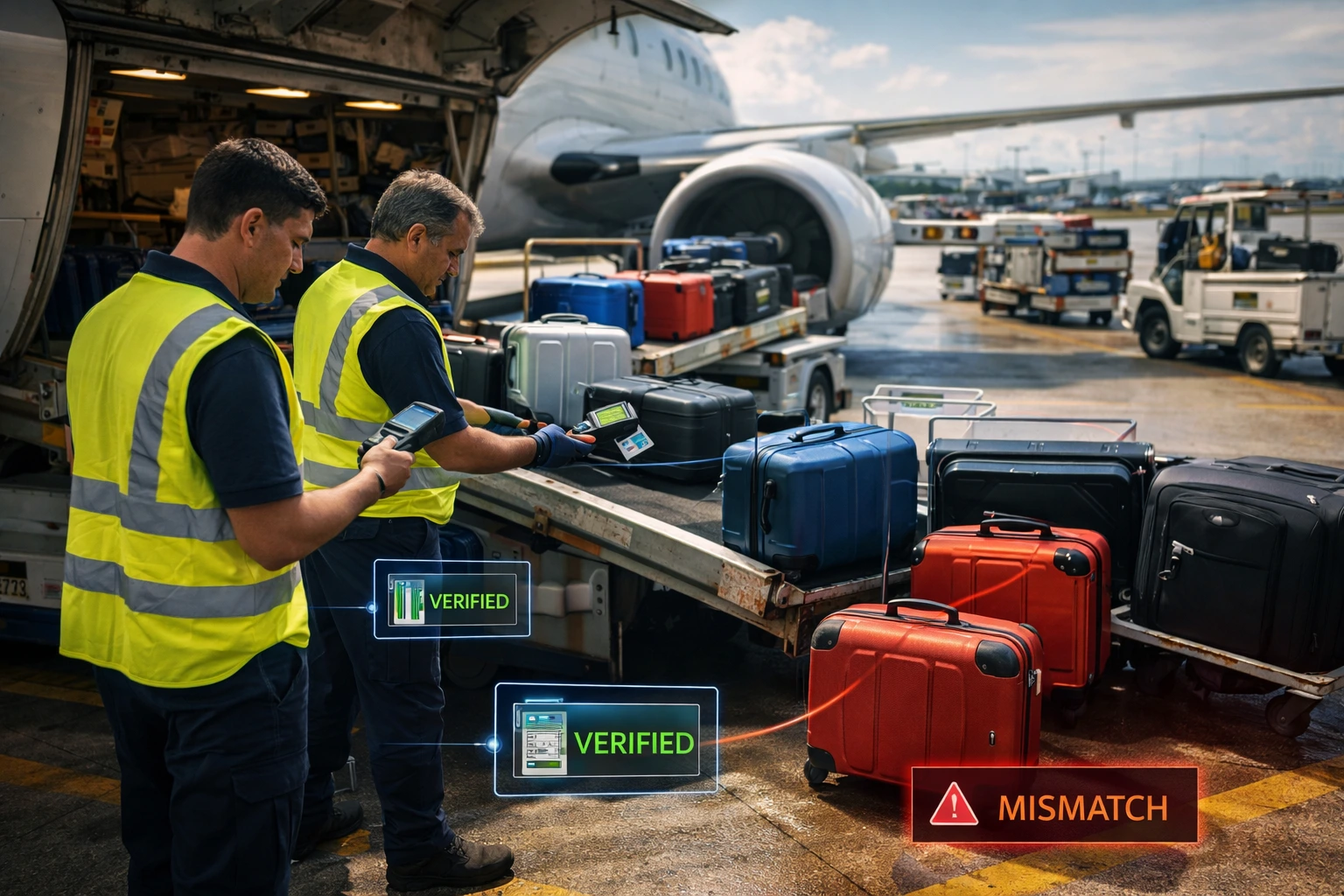 Ground staff scanning baggage tags and verifying match before aircraft loading