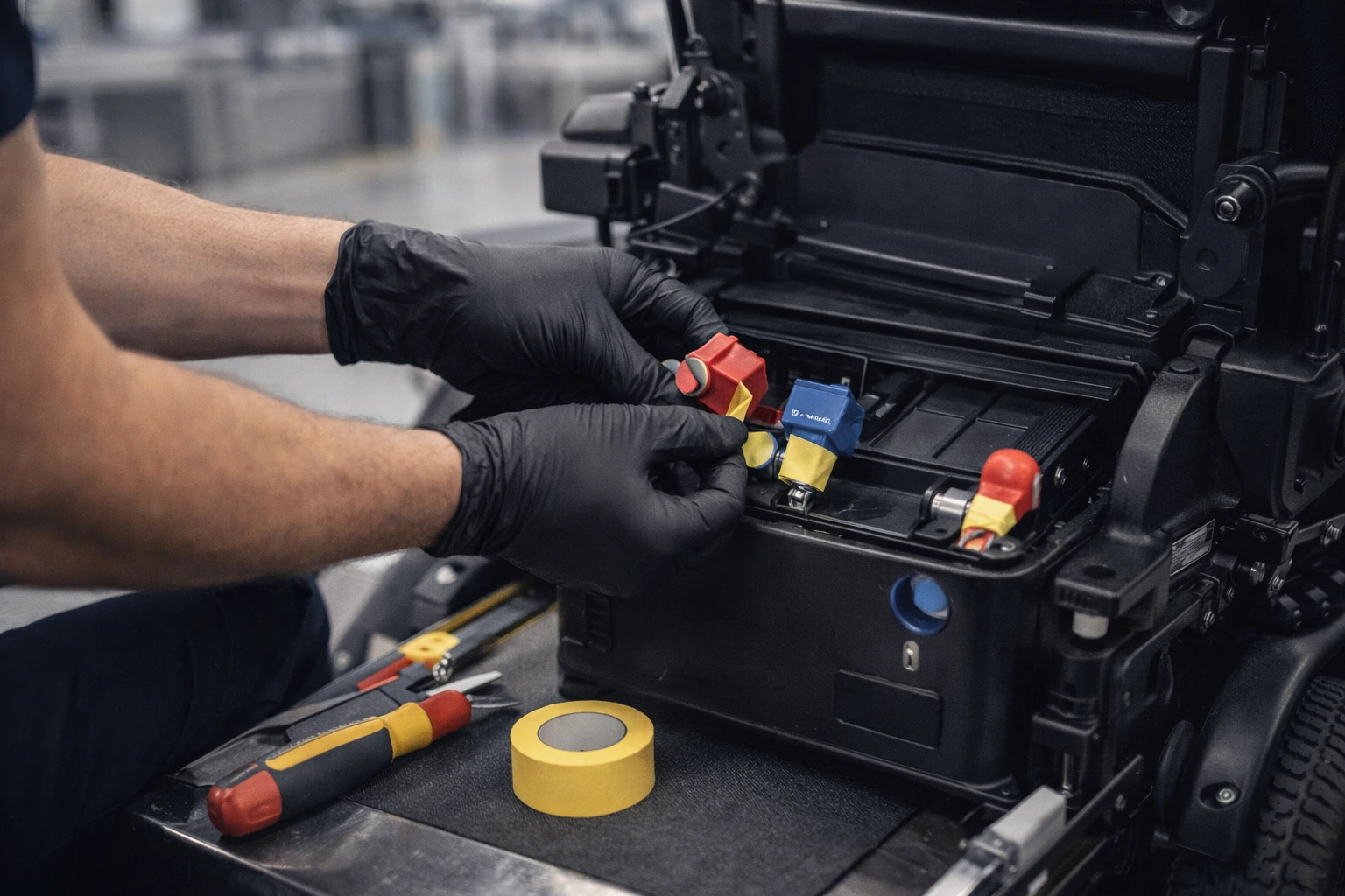 Ground staff disconnecting battery terminals on powered wheelchair