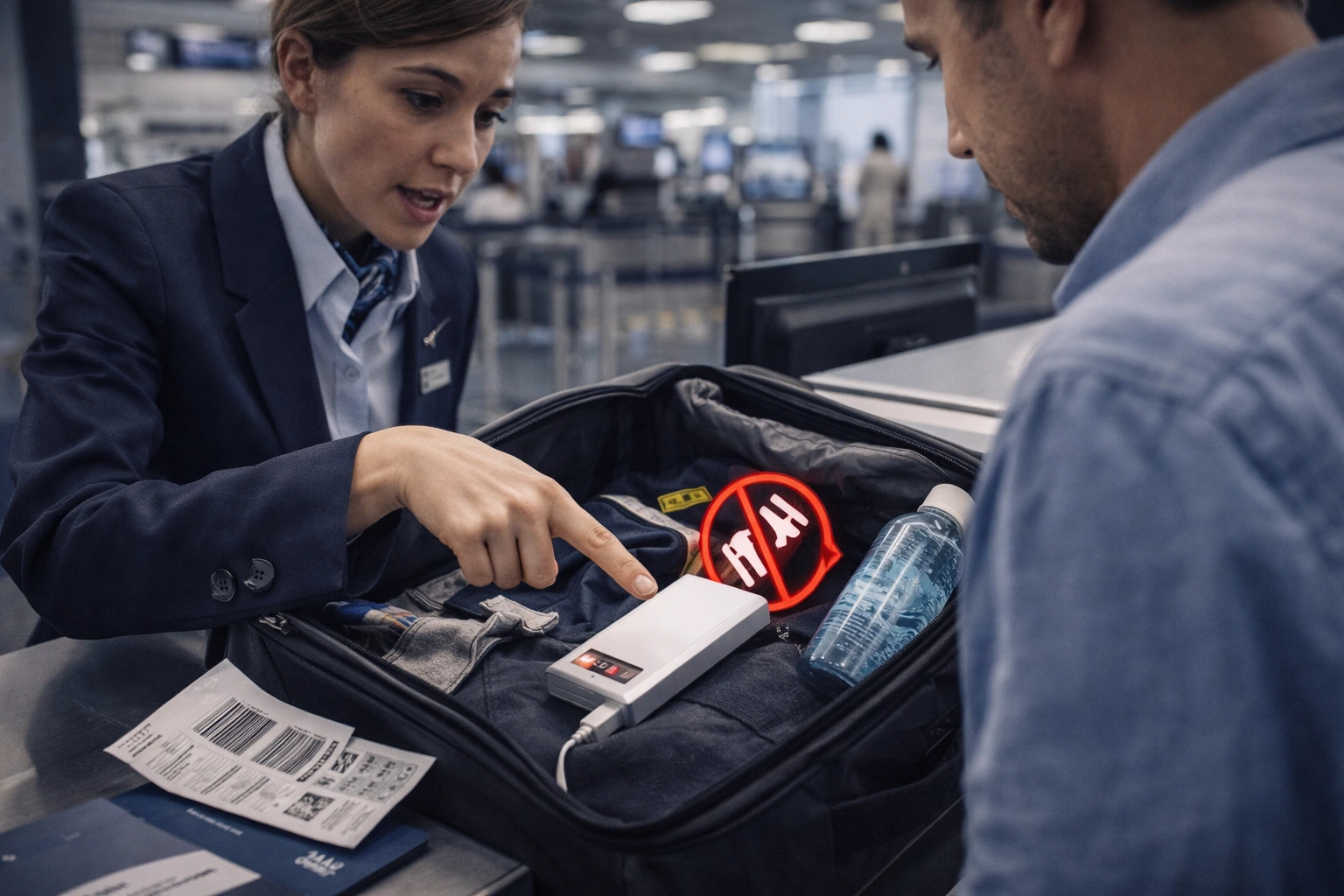 Airline staff inspecting baggage and identifying prohibited dangerous goods