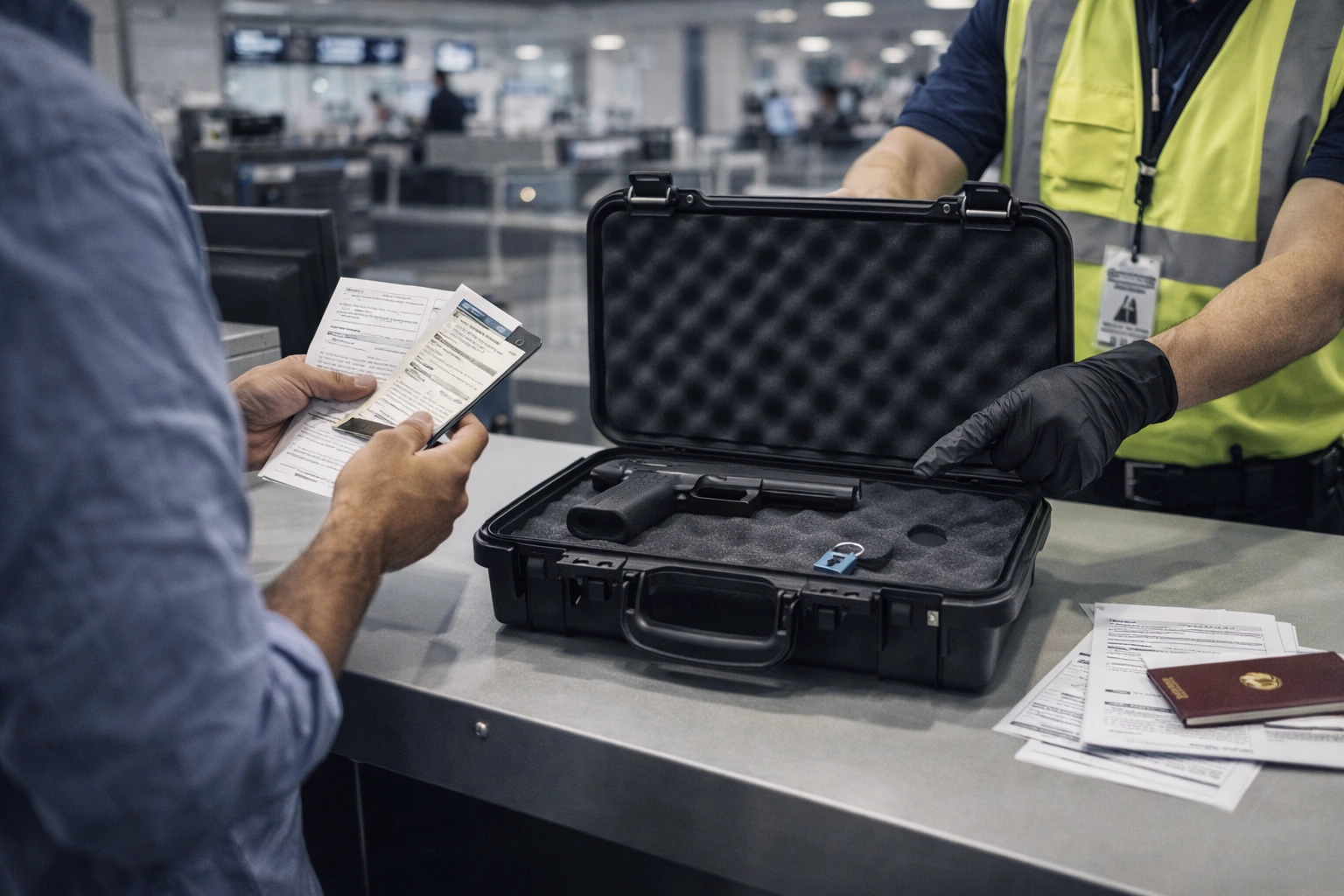 Airline staff inspecting and verifying declared firearm case at check-in counter