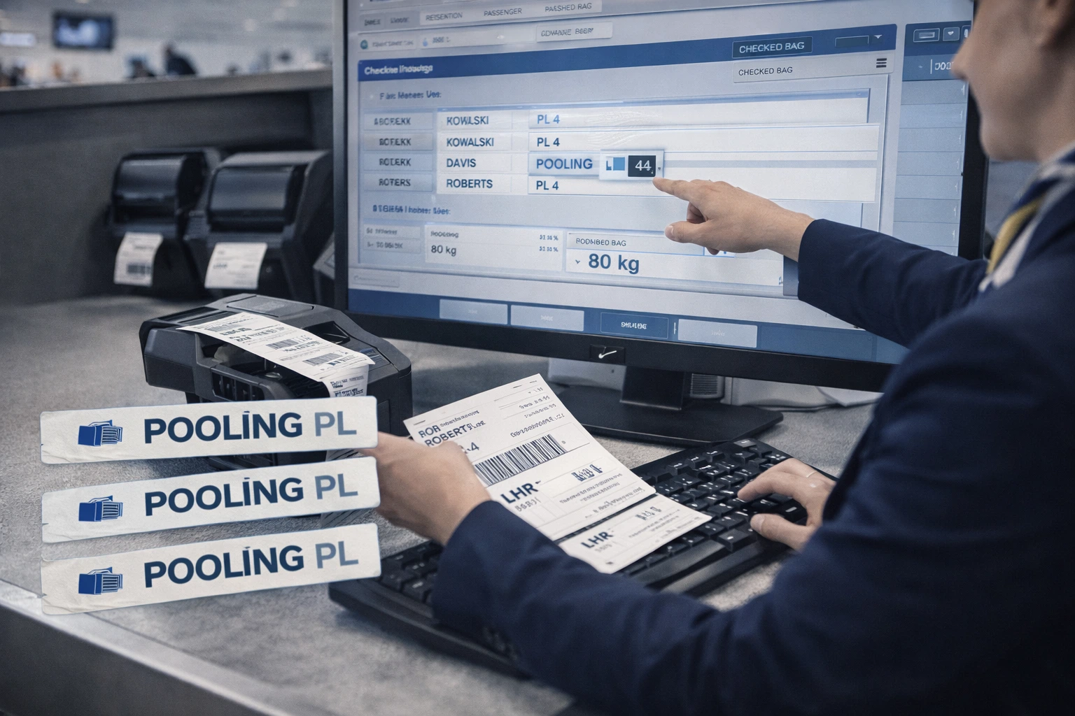 Check-in process showing pooled baggage ticketing and tagging