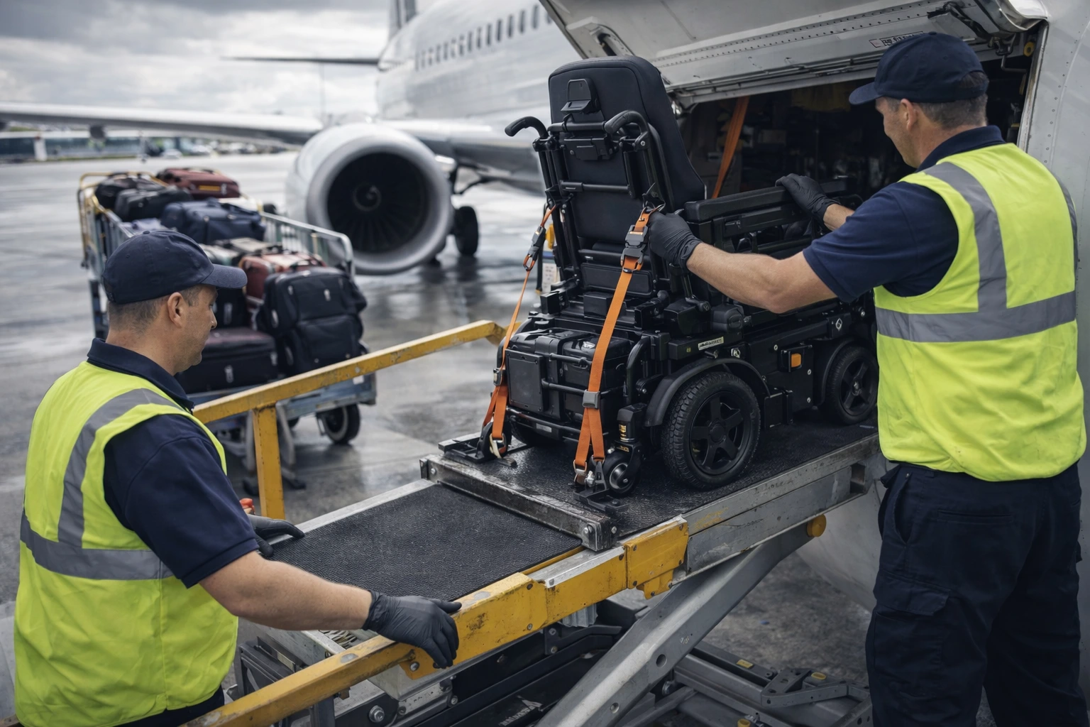 Ground crew loading powered wheelchair into aircraft cargo hold