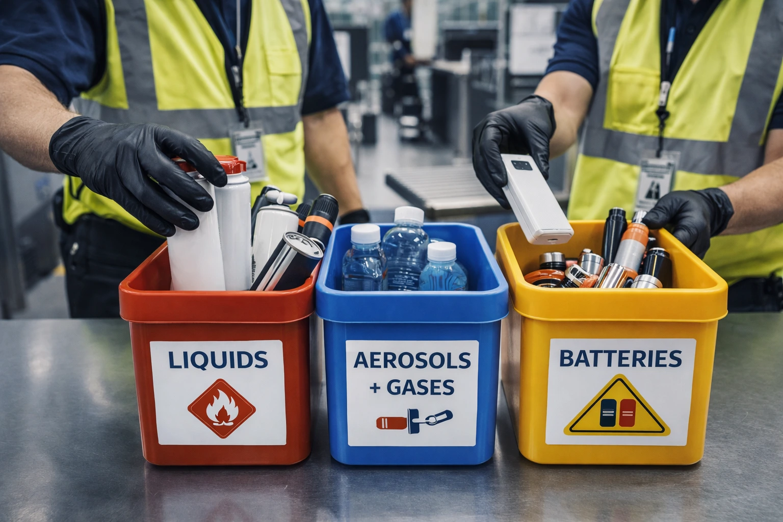 Airport staff placing confiscated dangerous goods into safety containers