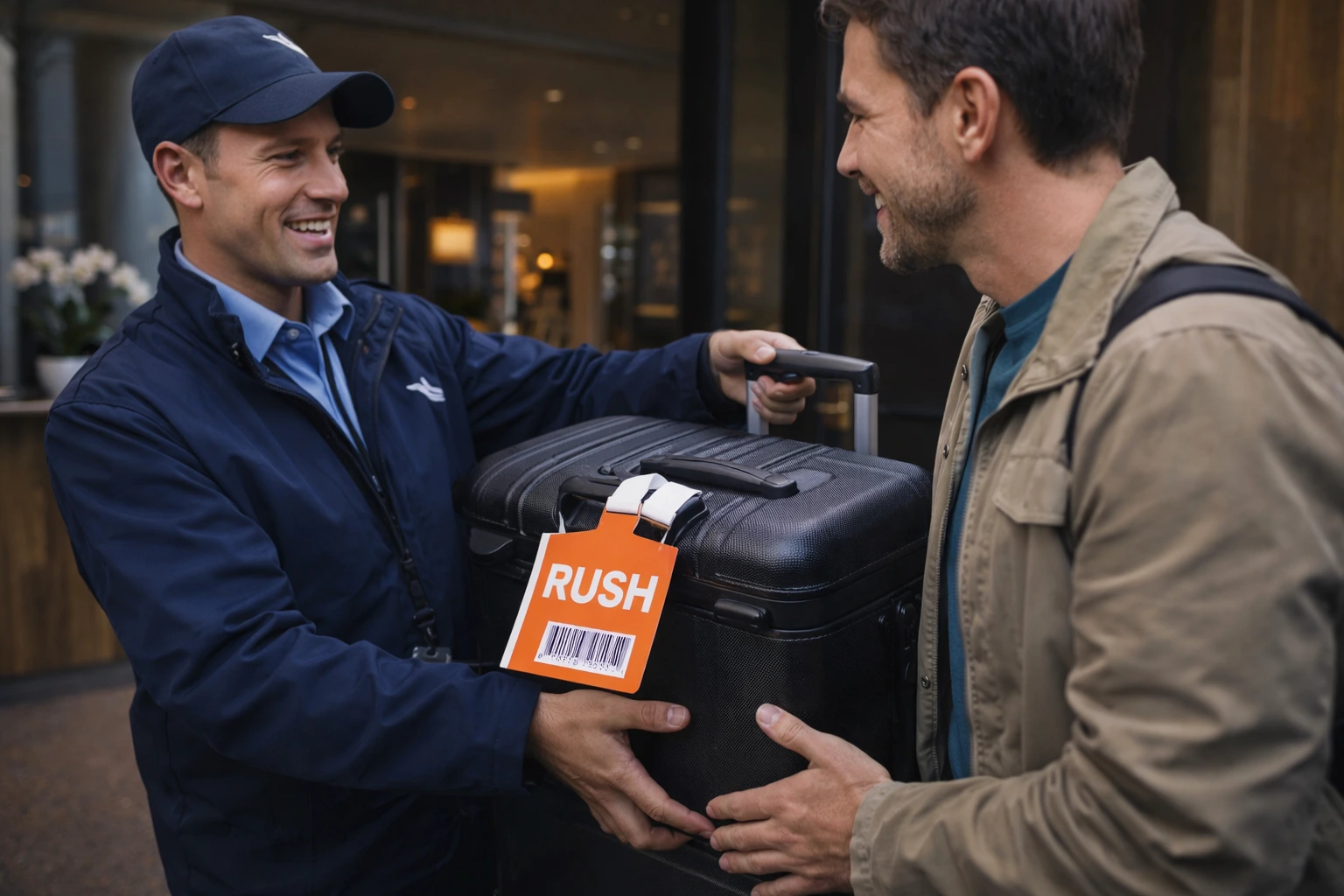 Airline courier delivering delayed baggage with RUSH tag to passenger at hotel
