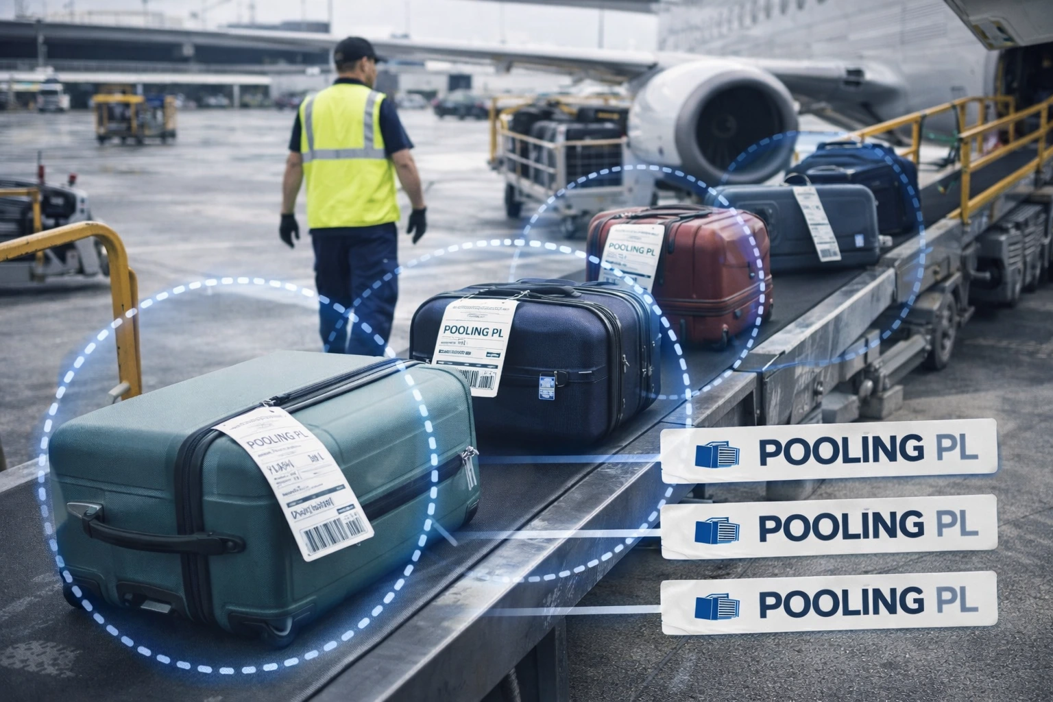 Grouped baggage moving through airport handling system