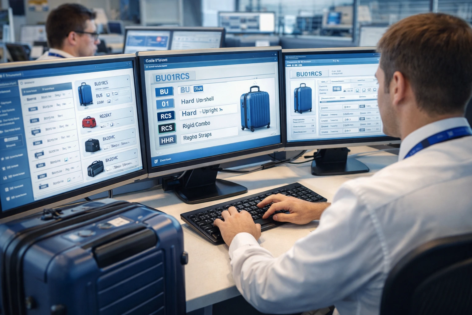 Airline operations desk showing baggage tracking system with coded descriptions and interline communication