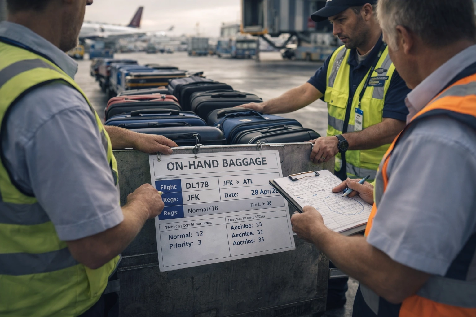 Airport staff coordinating transfer of on-hand baggage using summary tag for reconciliation