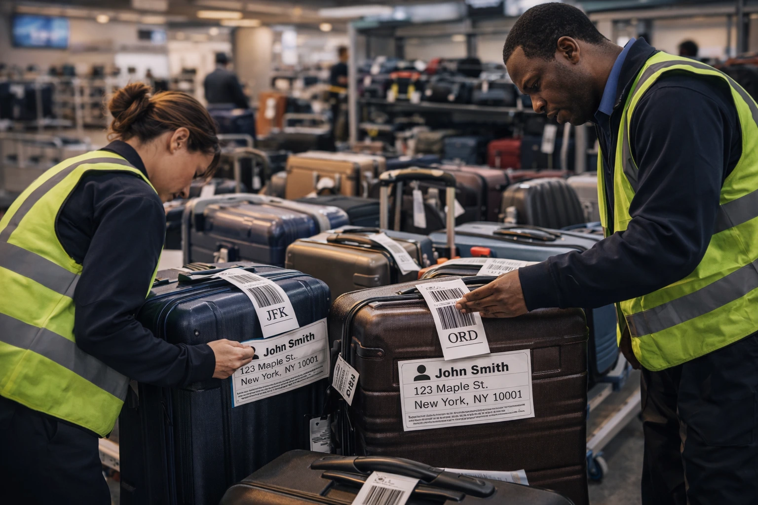 Airport baggage service area where airline staff inspect unclaimed suitcases and read passenger labels to identify owners