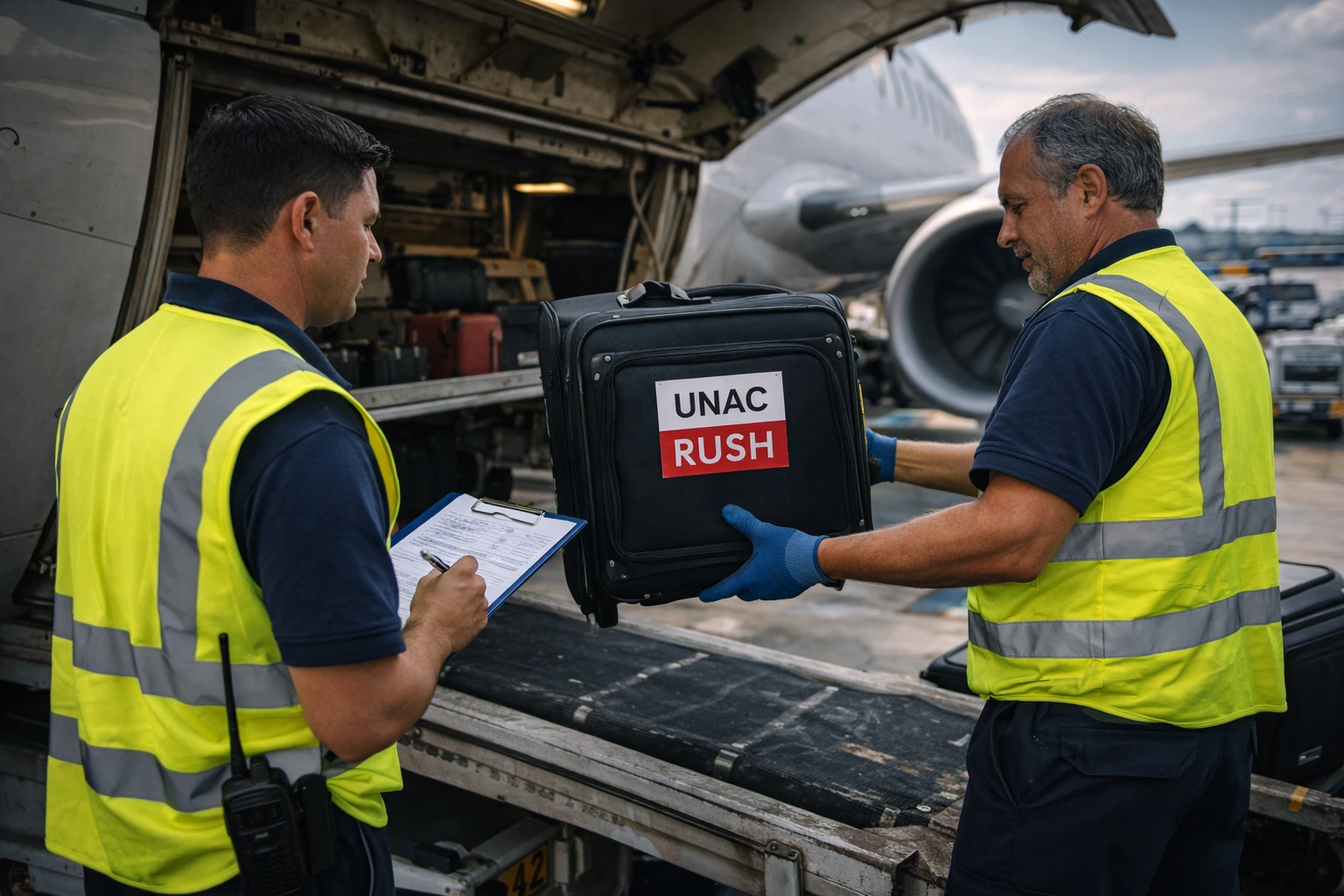 Ground crew removing no-show passenger baggage from aircraft cargo hold