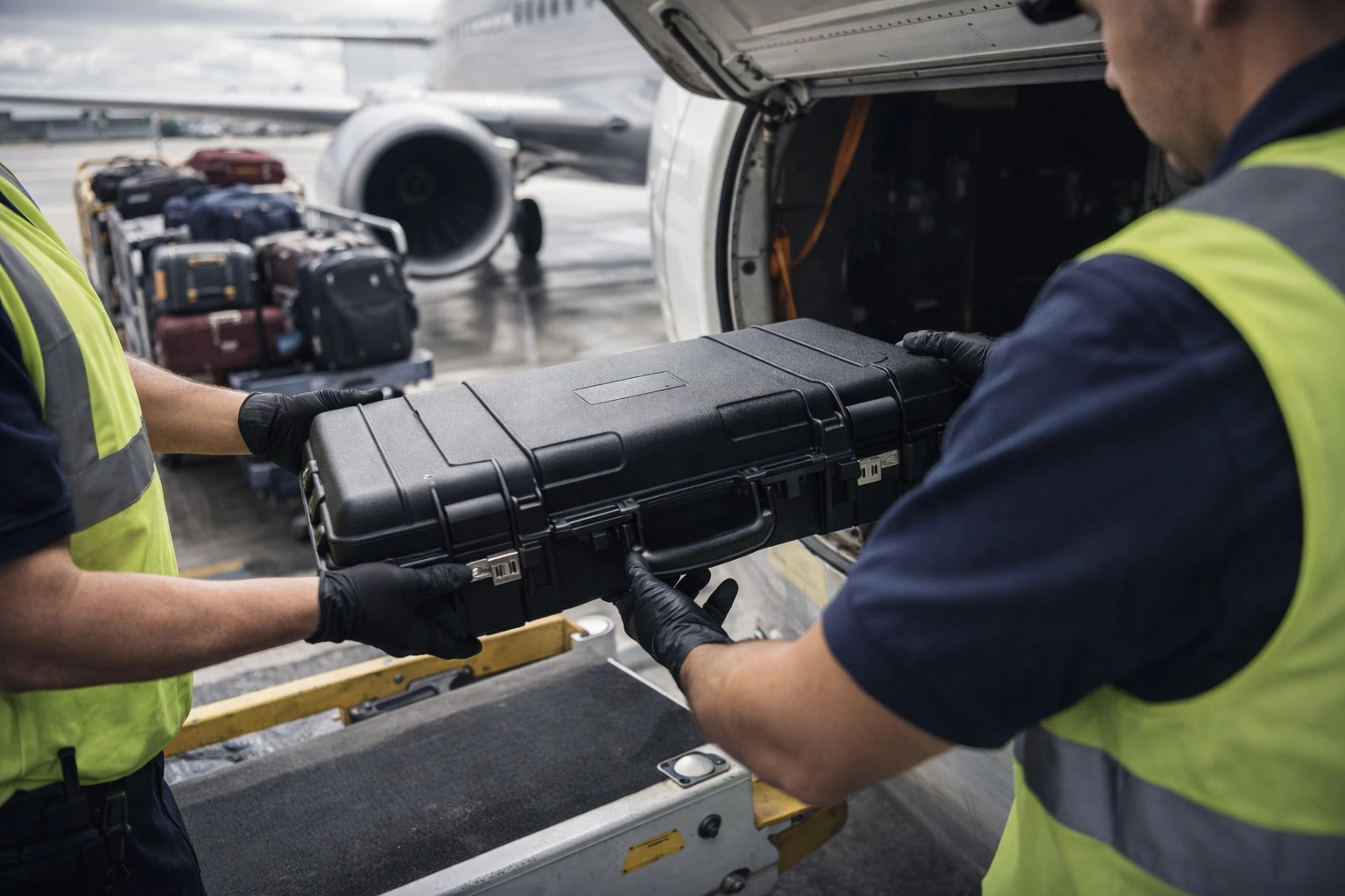 Ground staff securely loading declared firearm case into aircraft cargo hold