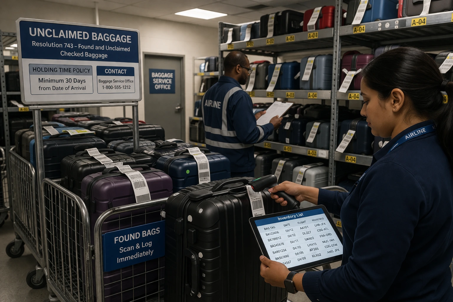Airport storage room with unclaimed baggage being scanned and managed by staff