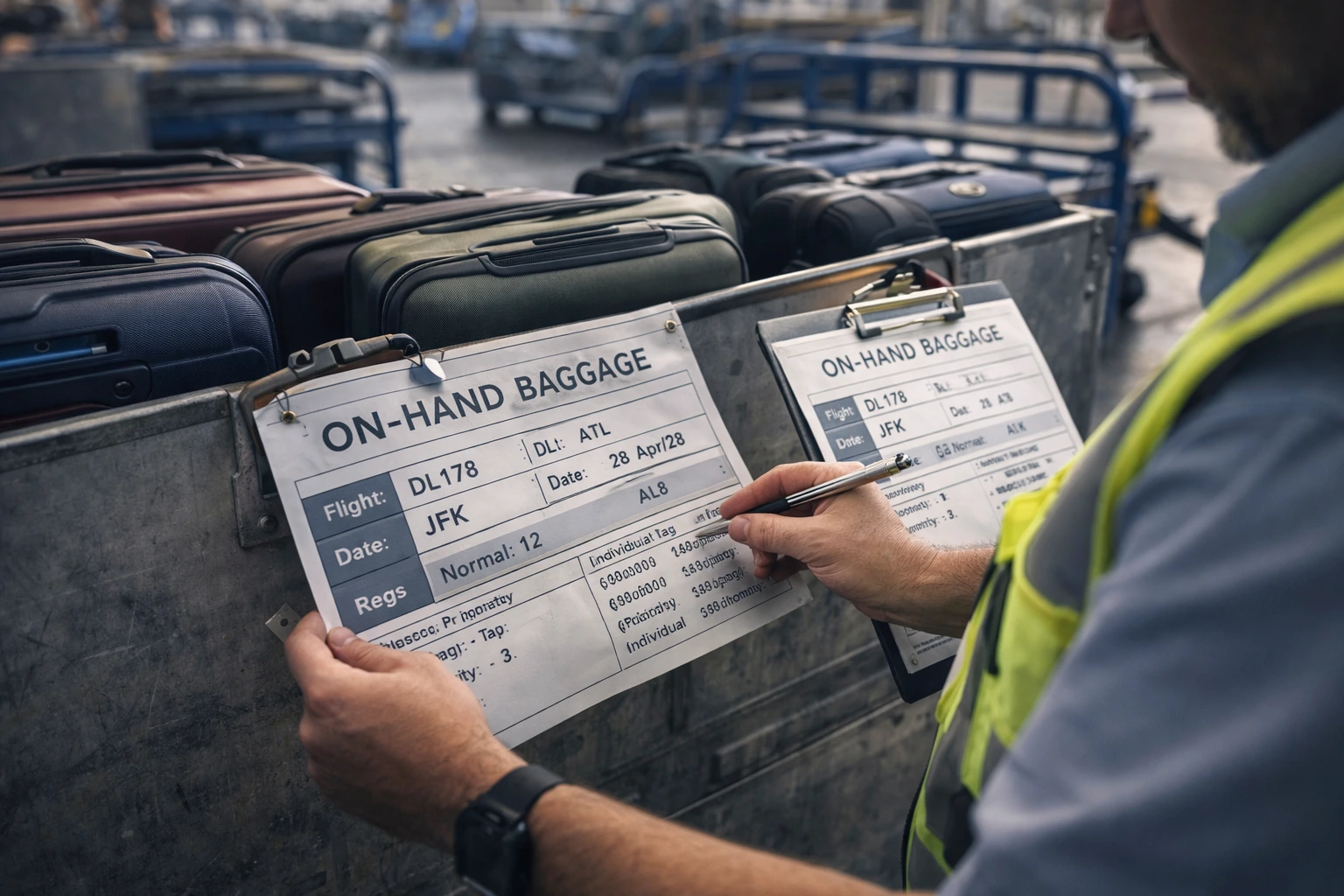 Ground staff creating and attaching on-hand baggage summary tag to grouped luggage