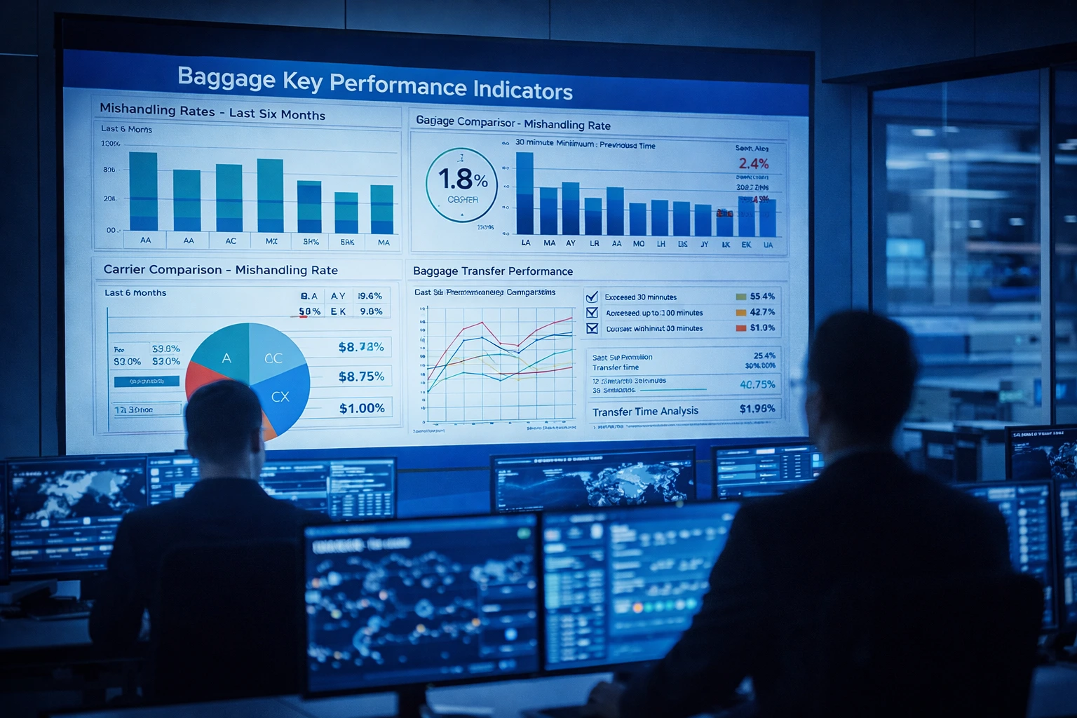 Operations control room displaying baggage performance analytics and KPIs