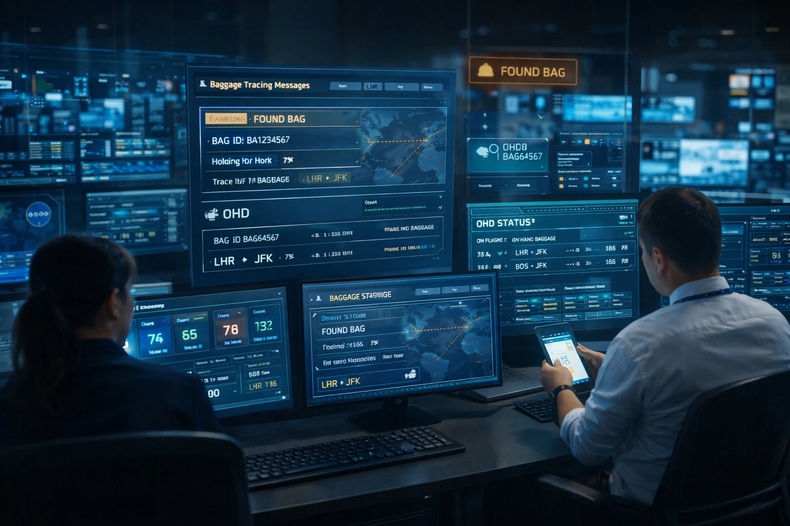 Airline operations control room showing baggage tracing systems and OHD messaging