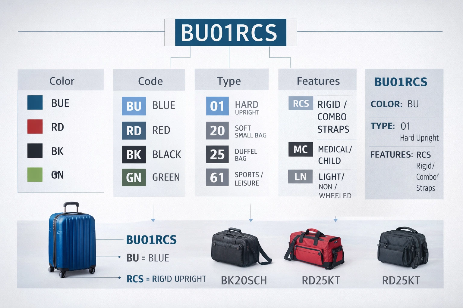 Technical infographic showing breakdown of baggage identification codes and chart structure