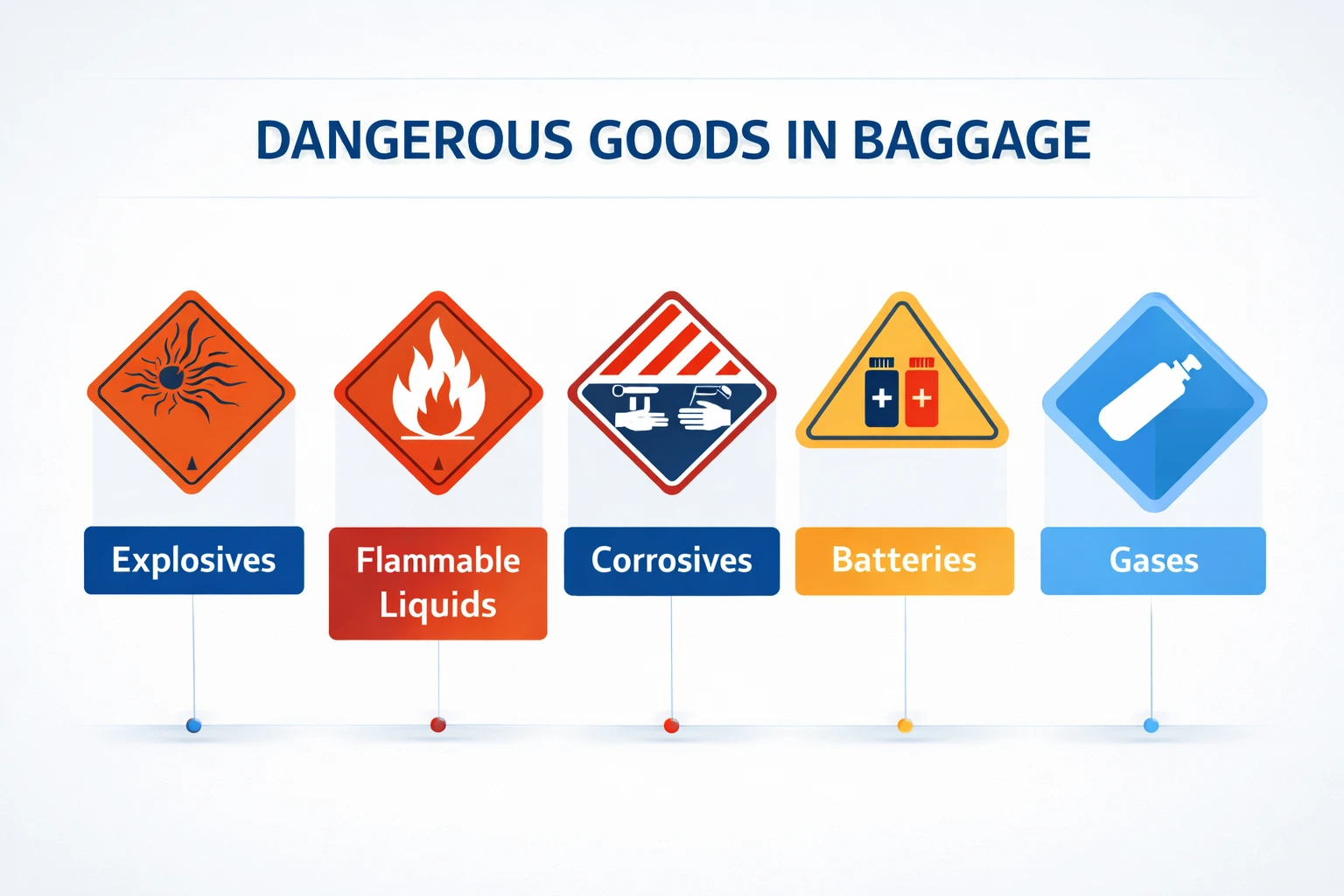 Infographic showing categories of dangerous goods such as explosives, flammable liquids, and batteries