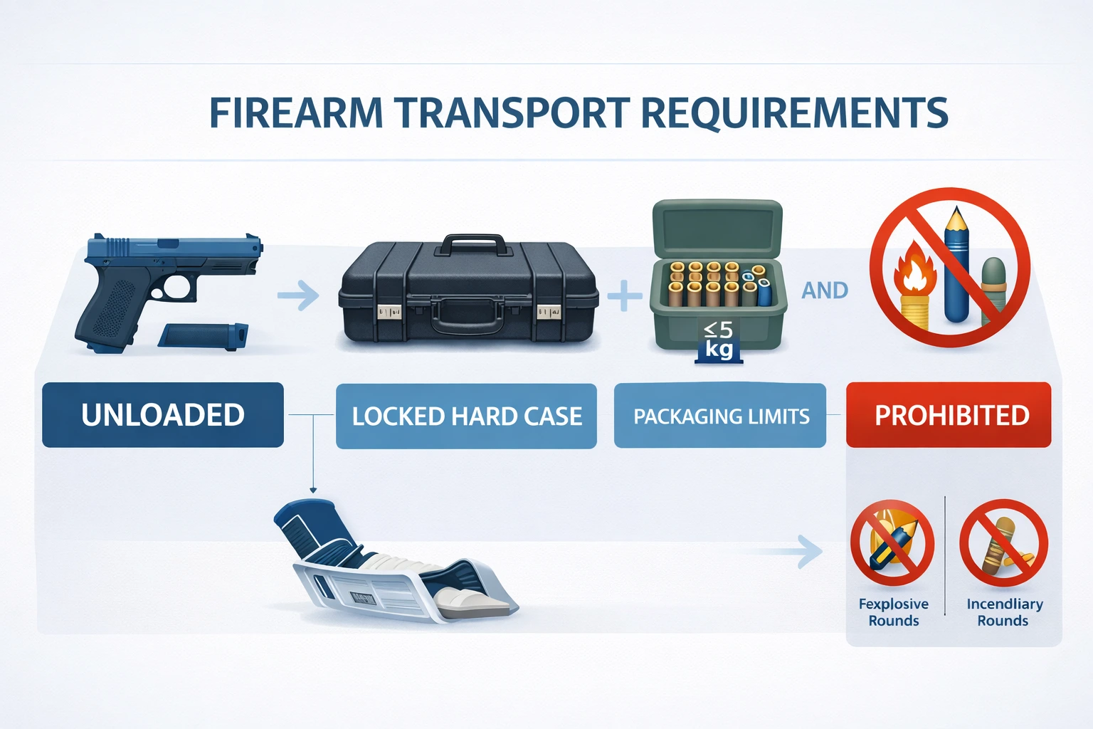 Technical diagram showing firearm and ammunition compliance requirements for checked baggage