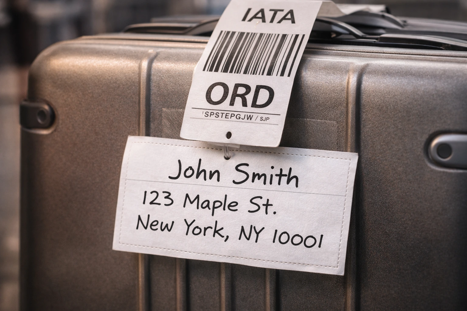 Detailed close-up of an airline baggage tag with a secondary passenger name and address label attached beneath it