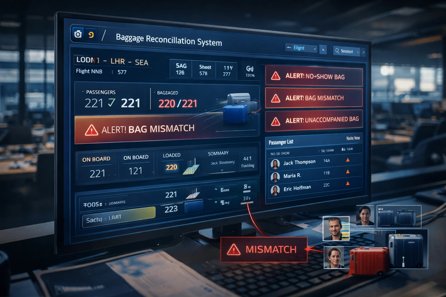 Baggage reconciliation system showing passenger and baggage mismatch alerts