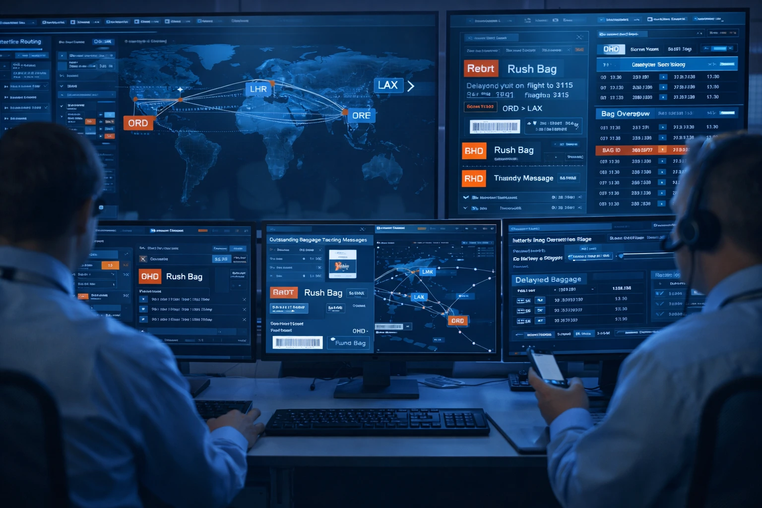 Airline control room displaying baggage tracing systems and interline routing coordination